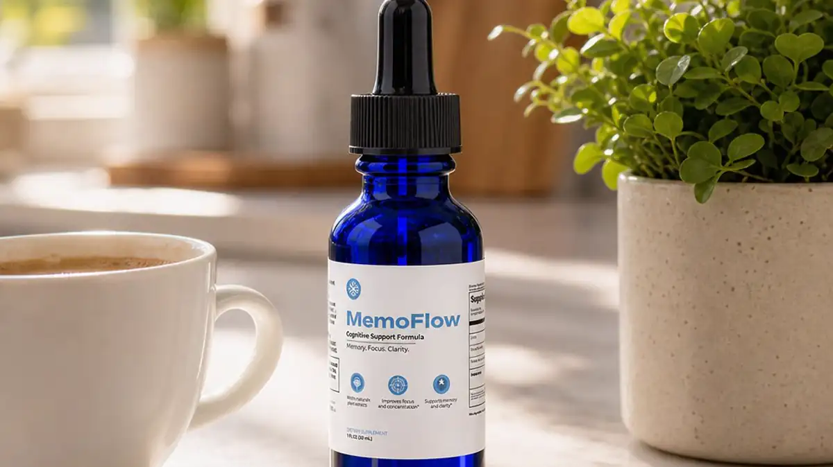 A MemoFlow bottle beside a morning drink in natural light