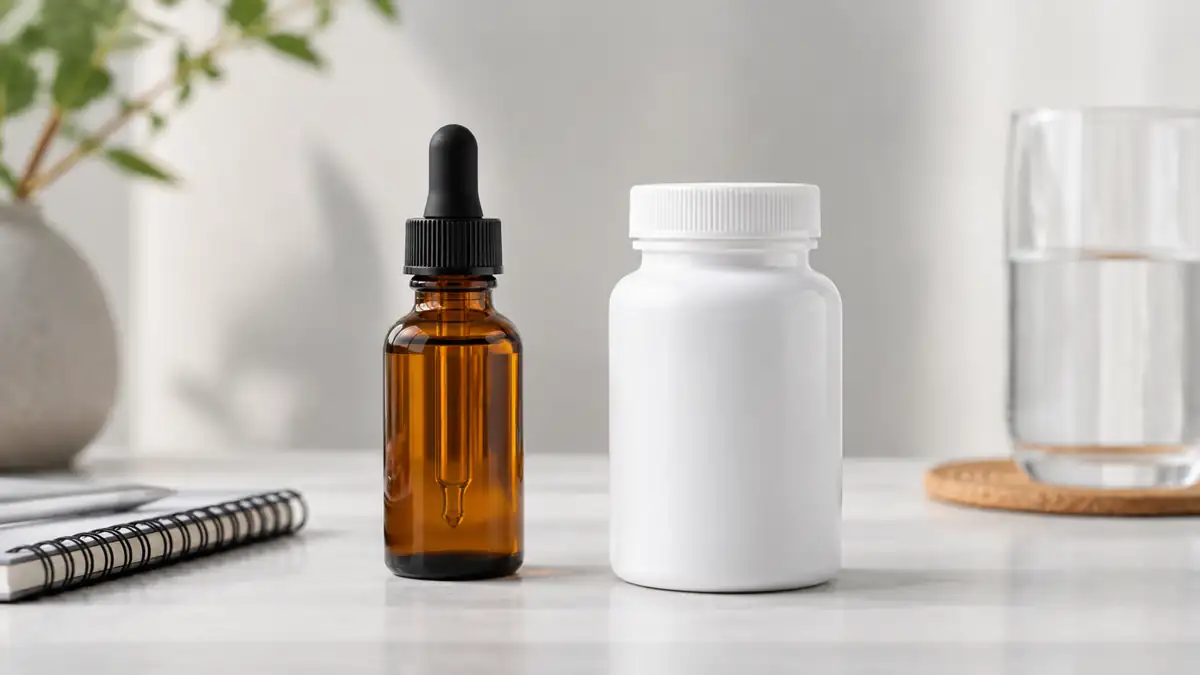 An unlabeled liquid dropper bottle and a plain supplement bottle shown side by side