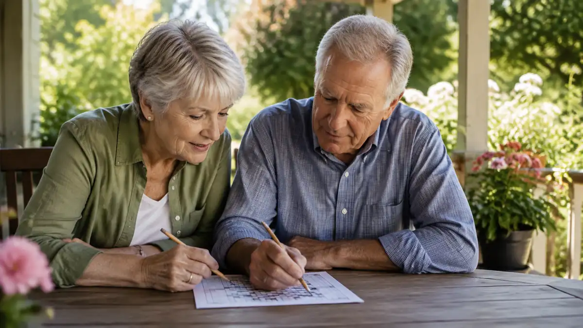 Two older adults working together on a crossword puzzle