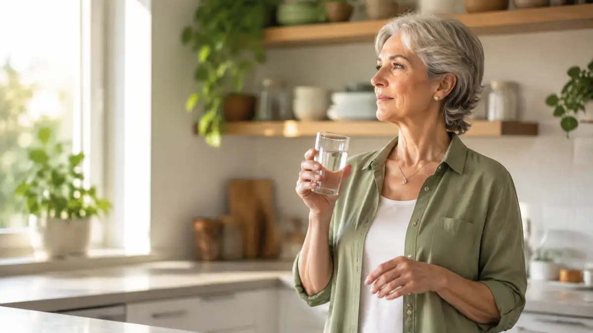 An older adult beginning a calm morning with a glass of water