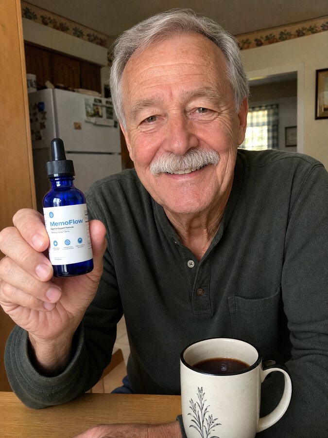 Frank D. holding his MemoFlow bottle with morning coffee