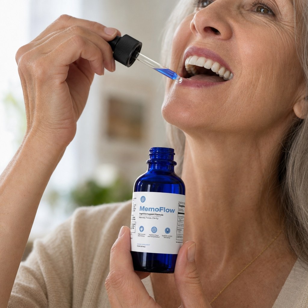 Woman taking MemoFlow drops under her tongue