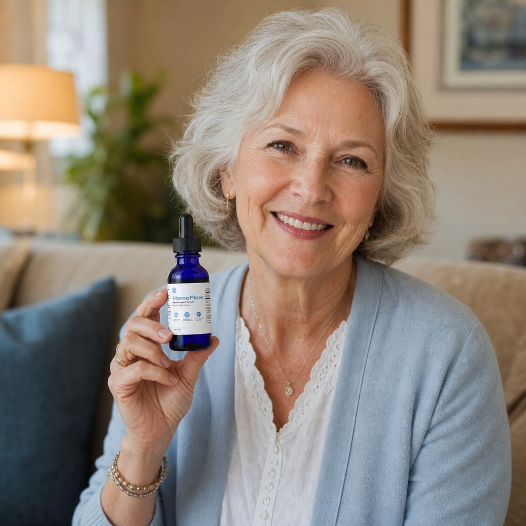 Happy customer holding her MemoFlow bottle at home
